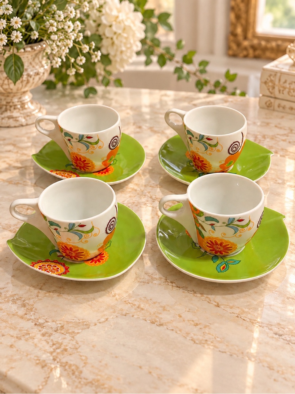 IMUSA Vintage Floral Cups & Saucers Set of 4 Green Colorful Retro 8 Piece